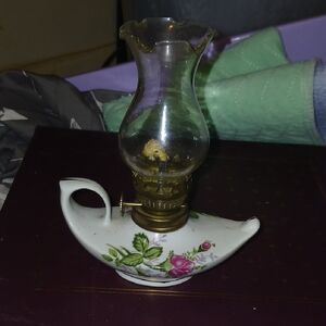 Porcelain Floral Aladdin-Style Oil Lamp